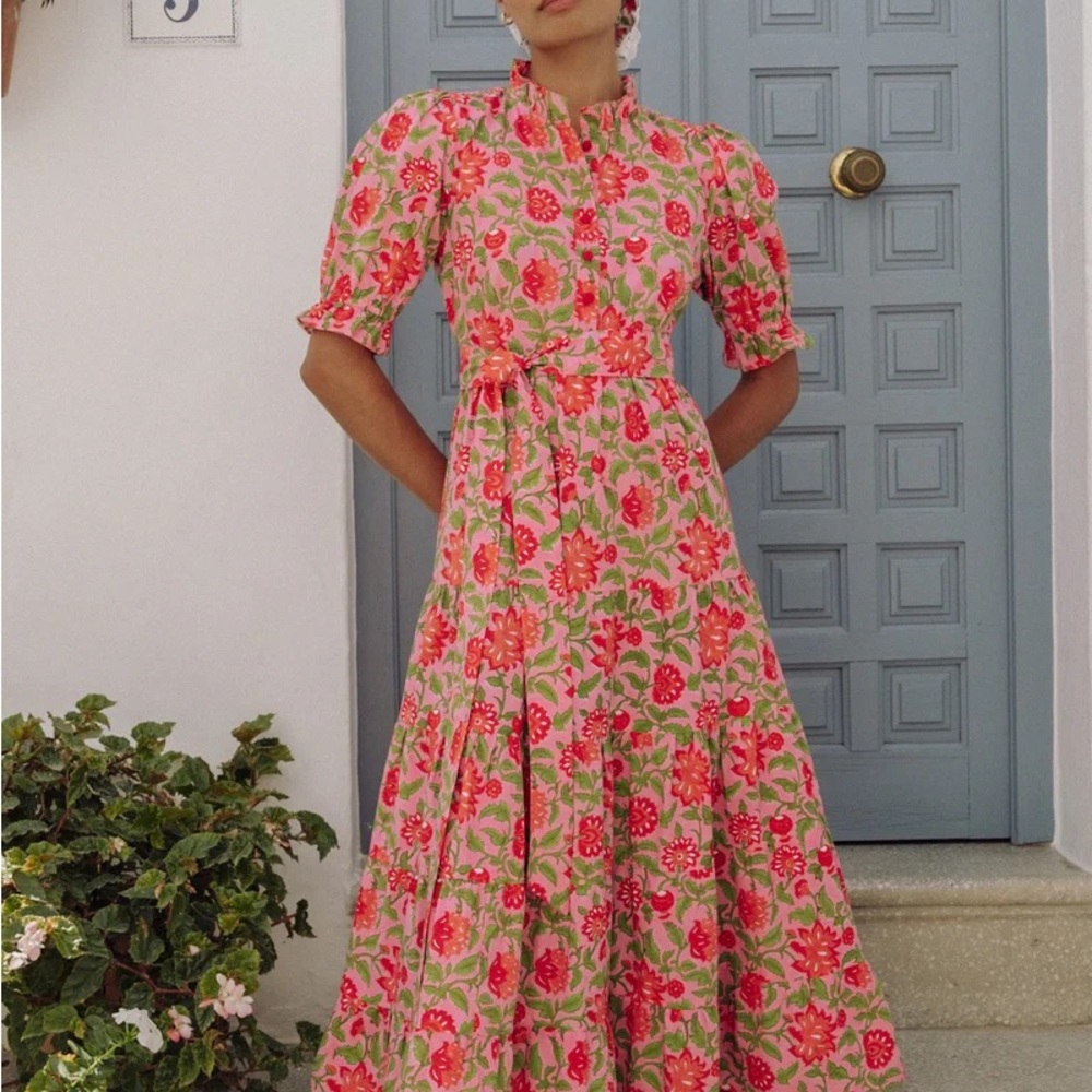 Tuckernuck Pink and Green Puff Sleeve Shirt Dress